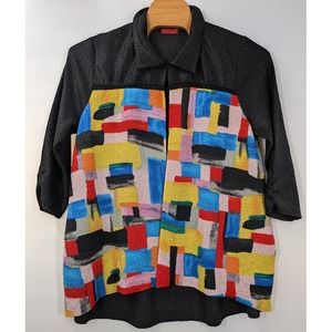 Saint Gil Paris‎ Black Colorful Open Cardigan Top Front Pockets Colorful Crinkle